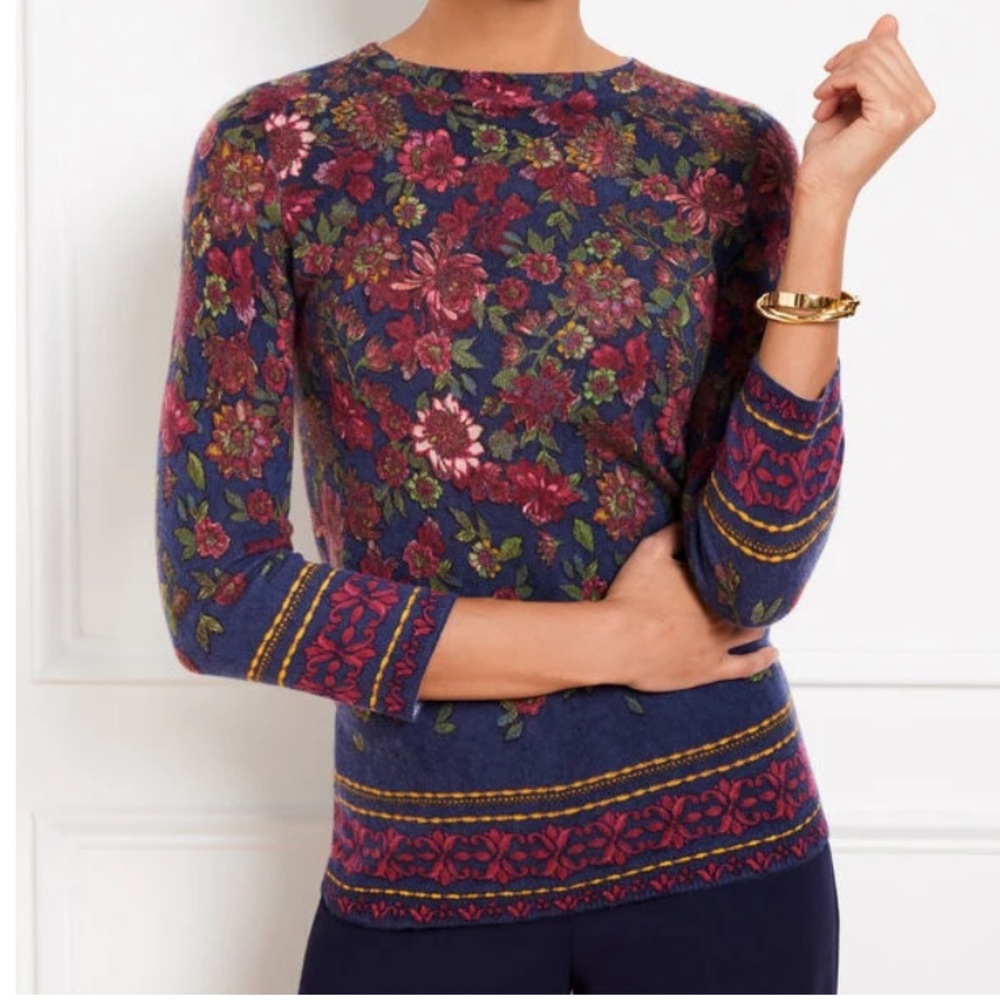 TALBOTS Audrey Navy and Burgundy‎ Stunning Floral 100% Cashmere Crewneck Sweater